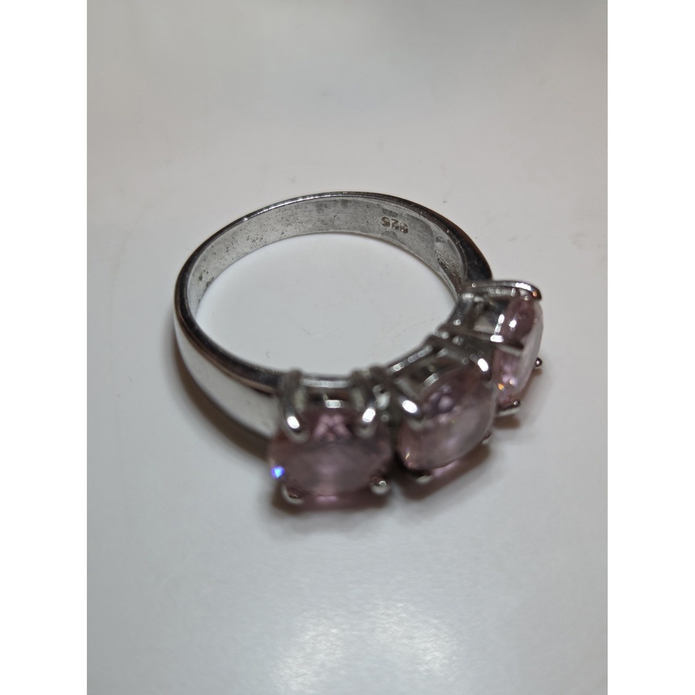 Vintage Sterling Silver Round Pink Cubic Zirconia Trilogy Ring Size 7 - Picture 3 of 7
